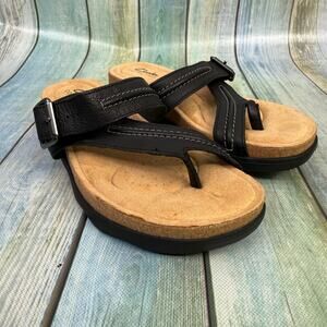 Clarks Black Leather Sandals Brynn Madi Women's 7.5 Slip On Travel Comfort Shoe